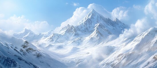 Poster - Majestic snow-covered mountains under a clear blue sky with soft white clouds creating a serene winter landscape for outdoor sports adventures