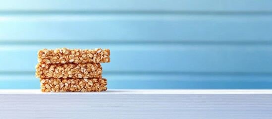Poster - Granola bars stacked on a white wooden table with a blurred blue backdrop showcasing a clean and fresh atmosphere for healthy snacks