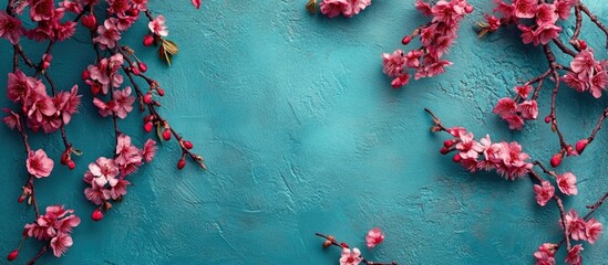 Poster - Vibrant magenta cherry blossoms gracefully arching across a textured turquoise background creating a serene, inviting floral border.