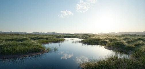 Wall Mural - serene lakeside meadow, reflections of sky and tranquility in clear water
