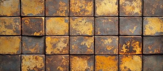 Poster - Weathered yellow bricks with a rusty finish arranged in a grid pattern create a vintage aesthetic filled with nostalgia and historical charm.