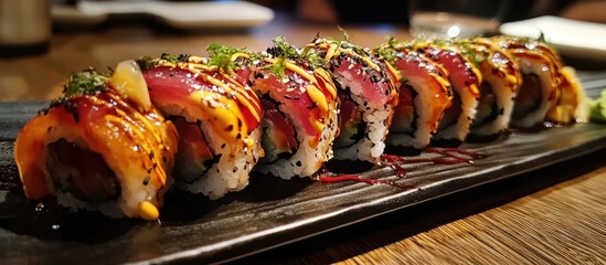 Poster - Vibrant sushi rolls topped with colorful garnishes arranged neatly on a black plate against a dark wooden surface highlighting fresh ingredients