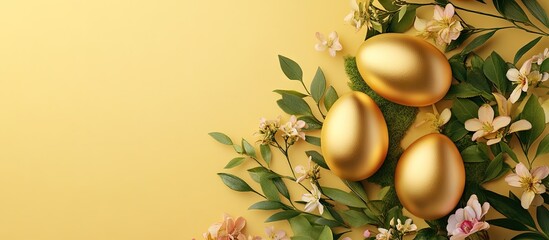 Aufkleber - Elegant arrangement of three golden eggs surrounded by fresh green leaves and delicate flowers on a soft yellow background.