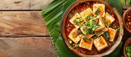 Poster - Delicious bowl of spicy tofu stew topped with green onions and chili oil on rustic wooden table with banana leaf backdrop and serving bowls.