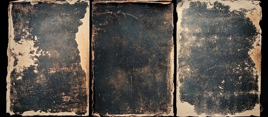 Fototapete - Old aged black cardboard texture with torn edges on a dark background, featuring three panels displaying distressed and scratched surfaces for vintage design.