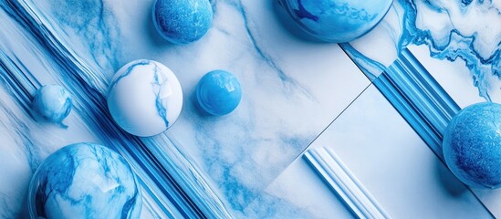 Poster - Minimalist blue abstract design featuring geometric marble elements with spheres and stripes, creating a unique and eye-catching aesthetic.
