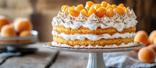 Poster - Healthy sponge cake layered with apricot and topped with golden meringue frosting. Soft yellow cake on a white stand with fresh apricots nearby.