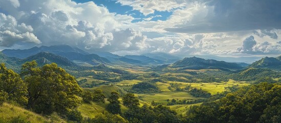 Poster - Panoramic view of a lush green valley surrounded by majestic mountains under a vibrant blue sky with dramatic clouds and sunlight illuminating the landscape