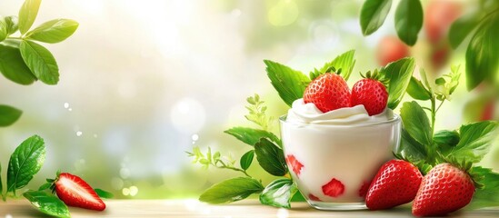Poster - Refreshing yogurt topped with juicy red strawberries and vibrant green leaves in a bright morning setting with soft natural light and blurred background.
