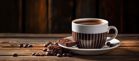 Poster - Elegant white cup filled with dark coffee on a rustic wooden table, accompanied by a copper cezve, dark chocolate, and coffee beans in natural tones.