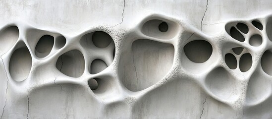 Aufkleber - Cement wall with organic cracks and holes prominently features varying shades of gray and white, creating a textured, abstract design.