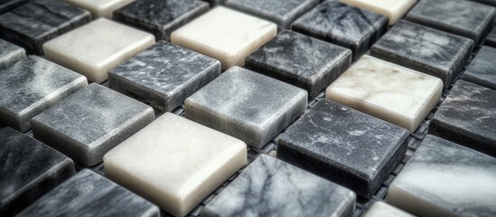 Poster - Grey and white marble square mosaic tiles arranged in a contemporary pattern highlighting intricate textures with a stylish aesthetic and depth.