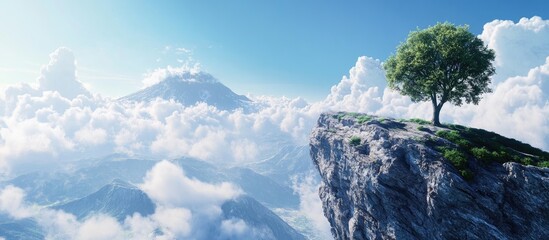Poster - Serene mountain landscape featuring a lone green tree on a cliff edge with white clouds and a bright blue sky in the background.