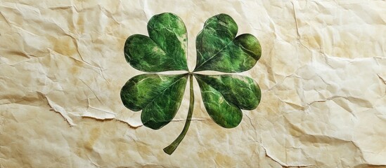 Poster - Four leaf clover stencil design on a textured tattered paper background in earthy tones with emphasis on the clover's vibrant greenery and distinct shape.
