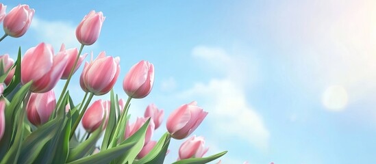 Aufkleber - Bunch of pink tulip flowers in foreground against a bright blue sky with soft clouds, capturing the essence of spring and natural beauty.