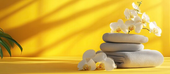 Poster - Spa essentials including stacked gray towels and a delicate white orchid on a vibrant yellow backdrop, with soft shadows enhancing tranquility.