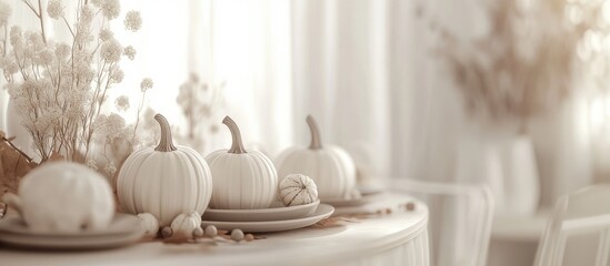 Aufkleber - Elegant autumn tablescape with white pumpkins arranged on a cozy table set against a soft beige backdrop, creating a warm festive ambiance.
