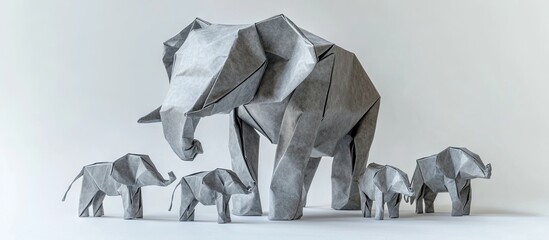 Fototapete - Large grey origami elephant in the center, surrounded by five smaller grey origami elephants, all on white background for a minimalist look.