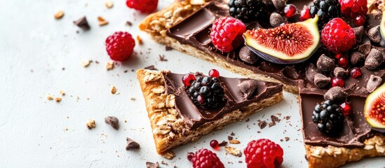 Poster - Crispbreads topped with chocolate figs and mixed berries arranged on a light surface with vibrant colors and textures inviting a delightful feast