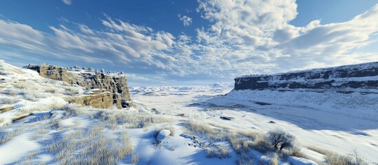 Aufkleber - Majestic snow-covered mountain cliffs with a clear blue sky and scattered clouds, creating an expansive and serene winter landscape panorama.