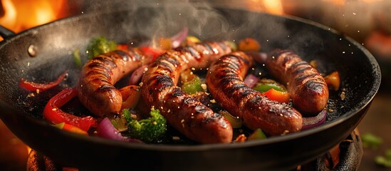 Poster - Grilled sausages and colorful veggies sizzling in a black frying pan over flames showcasing rich browns and vibrant reds, greens, and yellows.