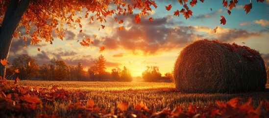 Poster - Autumn sunset illuminating a golden haystack surrounded by colorful leaves in a serene landscape with vibrant orange and soft blue hues.