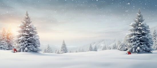 Aufkleber - Serene snow-covered landscape at dawn with evergreen trees and gentle snowfall creating a tranquil scene perfect for seasonal greetings and copy space