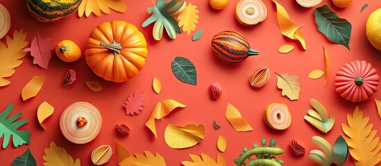 Poster - Autumn harvest flat lay with colorful pumpkins, gourds, and vibrant leaves on a bright orange background creating a warm seasonal feel.