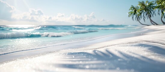 Poster - Tropical beach scene with smooth fine white sand in the foreground, turquoise waves gently crashing, and vibrant green palm trees along the shore.