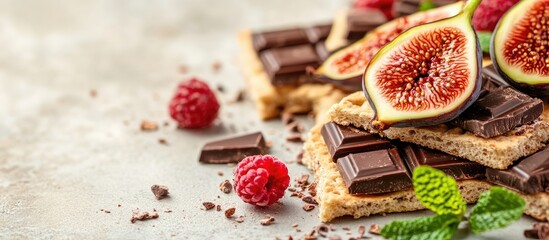 Poster - Delicious crispbreads topped with chocolate, fresh figs, and raspberries on a light gray surface with green mint leaves arranged artistically.