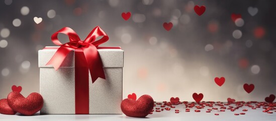 Poster - Gift box with a red ribbon placed centrally on a gray backdrop surrounded by red hearts and floral elements creating a romantic festive atmosphere