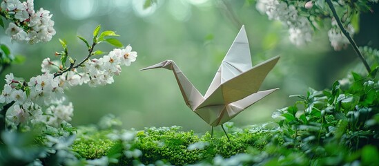 Poster - Sakura origami crane in soft beige resting on lush green moss surrounded by delicate cherry blossoms and a blurred green background.