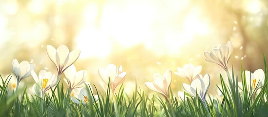 Aufkleber - Crocus flowers in soft focus with white petals and yellow centers against a warm golden background and green grass perfect for postcard design