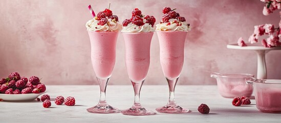 Aufkleber - Vibrant pink milkshakes in tall glasses, topped with whipped cream and fresh raspberries, arranged on a white table against a soft pink backdrop.
