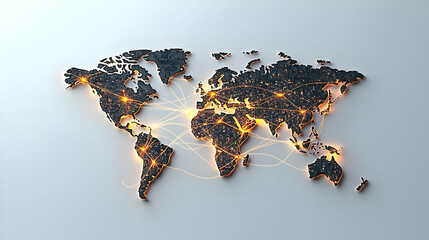 Poster - Isometric World Map Representation With Connected Glowing Lines Against Gray Background