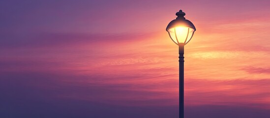 Poster - Twilight sky in shades of purple and pink highlights an illuminated vintage street light on the left, creating a serene evening atmosphere.