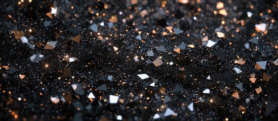 Fototapete - Sparkling black and gold glitter texture with scattered diamond shapes creating a night sky effect, predominantly dark with twinkling highlights.