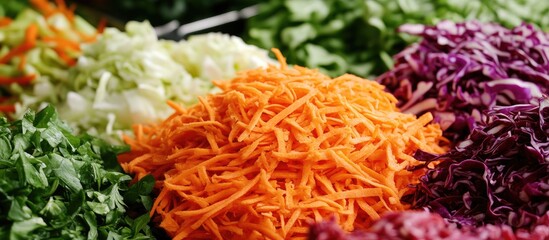 Aufkleber - Colorful shredded carrots in vibrant orange at the center, surrounded by green cabbage, purple cabbage, and fresh herbs create an appealing culinary display.
