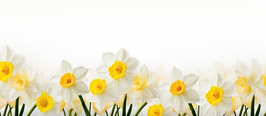 Aufkleber - Vibrant daffodil flowers with bright yellow centers arranged in a row along the bottom with a large white space on the left for text placement
