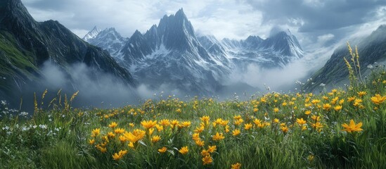 Aufkleber - Majestic mountain landscape with towering peaks in mist, foreground filled with vibrant yellow flowers against a dramatic cloudy sky.