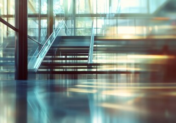 Poster - Abstract interior view of modern staircase in contemporary building with glass walls reflecting natural light and creating a dynamic visual atmosphere