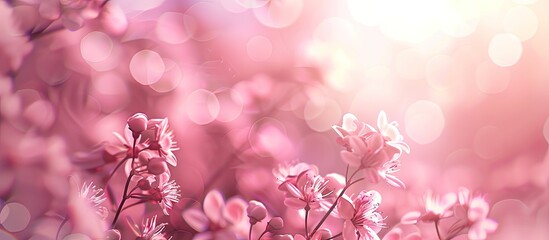 Poster - Delicate soft focus light pink floral background with blurred bokeh effect creates serene atmosphere ideal for copy space and design projects