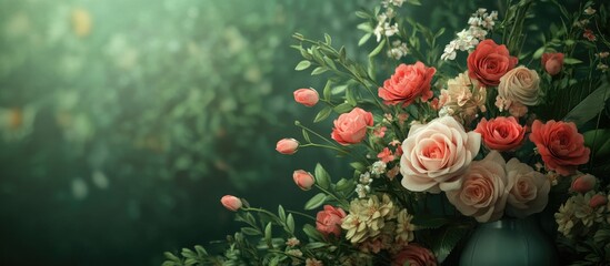 Aufkleber - Colorful bouquet of pink and white spring flowers with lush green foliage on a soft green wooden background creating a tranquil and fresh atmosphere.
