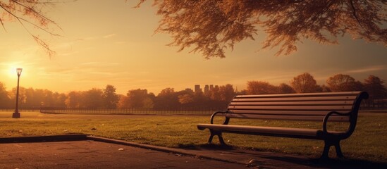 Poster - Serene sunset over a park with golden hues illuminating trees and a bench, alongside a lamppost casting a warm glow in the evening light.