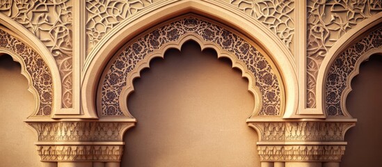 Poster - Decorative Islamic arch design in warm beige tones with intricate carvings positioned symmetrically against a soft sandy background for artistic display