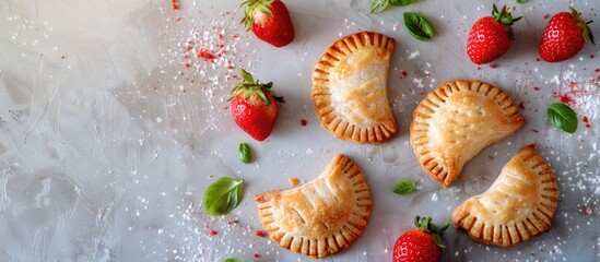 Poster - Mini strawberry hand pies displayed on a gray surface with fresh strawberries and mint, arranged from above, inviting additional elements.