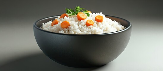 Poster - Savory curry dish served with fluffy white rice garnished with bright orange carrots and fresh green parsley in a dark bowl on neutral backdrop