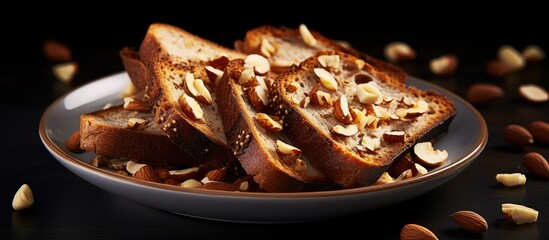 Poster - Sliced whole grain bread topped with chopped nuts arranged on a dark plate, with scattered almonds and a dramatic black background.