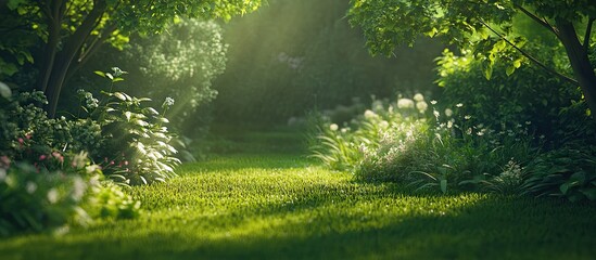 Aufkleber - Lush green backdrop with softly blurred foliage and vibrant light filtering through trees creating a serene and calming atmosphere in nature