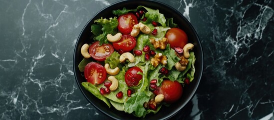 Poster - Vibrant spinach salad featuring fresh cucumbers, cherry tomatoes, red onion, pomegranate seeds, and cashew nuts in a black bowl on dark marble background